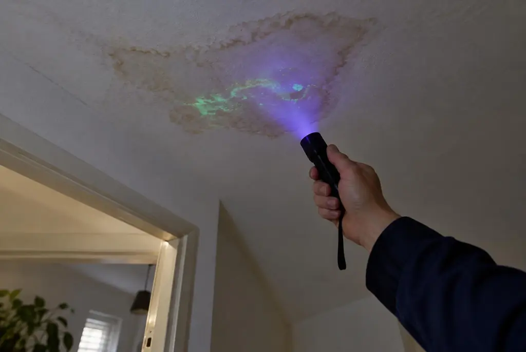 Lekdetectie Boskoop – kleurstof controleren op het plafond met uv-licht