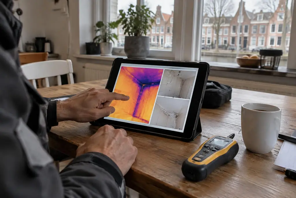 Lekdetectie Boskoop – lekdetectierapport met warmtebeelden en foto's op een tablet