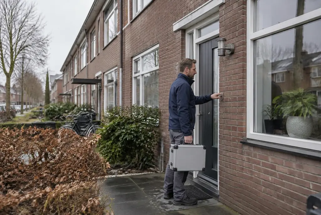 Lekdetectiespecialist met meetkoffer bij de voordeur van een woning in Boskoop